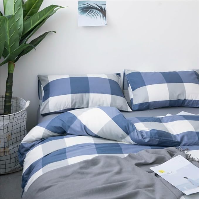 LifeTB Blue White Plaid Duvet Cover Queen Modern Soft 100% Cotton Comforter Cover Simple Style Plaid Grid Duvet Cover with 2 Pillowcases Blue White Grey Checked Bedding Set Full Queen