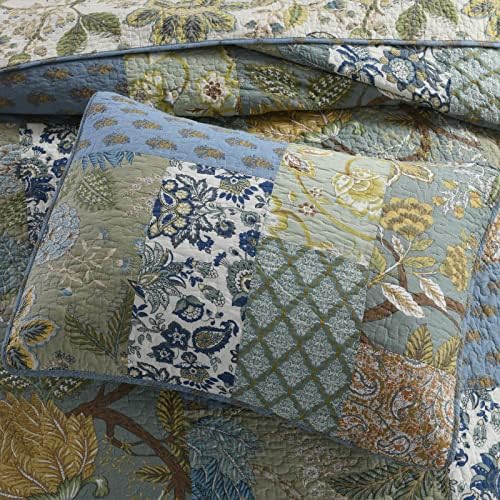Yvooxny Quilt Set King Bedspread Reversible Green Farmhouse Garden Coverlet Real Patchwork Quilt Set for All Seasons with Pillowcases, Farmhouse Floral Pattern, King Size