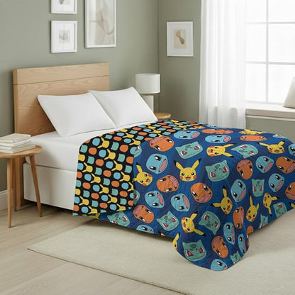 Northwest Pokemon Striped Favorites Full/Queen Quilted Blanket, Cozy Fantasy Bedding for Gamers, Kids & Adults, Throw for Bedroom, Sofa, or Game Room Décor, 90 x 90 Inches