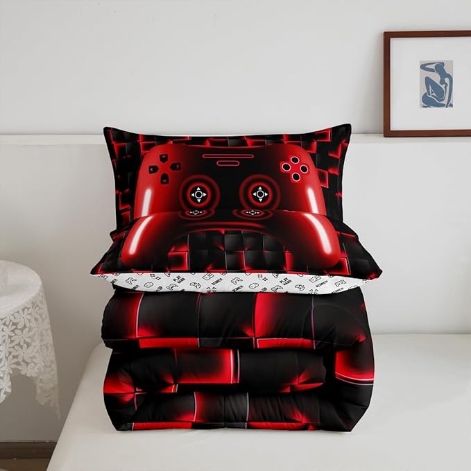 Erosebridal King Gaming Bedding Sets for Boys Red Game Console Kids 3D Black Gamer Comforter Set with 2 Pillowcases for Boys Girls Teen Lightweight Geometric Gamepad Bedroom Set(Red, King)