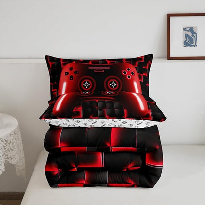 Erosebridal Full Gaming Bedding Sets for Boys Red Game Console Kids 3D Black Gamer Comforter Set with 2 Pillowcases for Boys Girls Teen Lightweight Geometric Gamepad Bedroom Set(Red, Full)