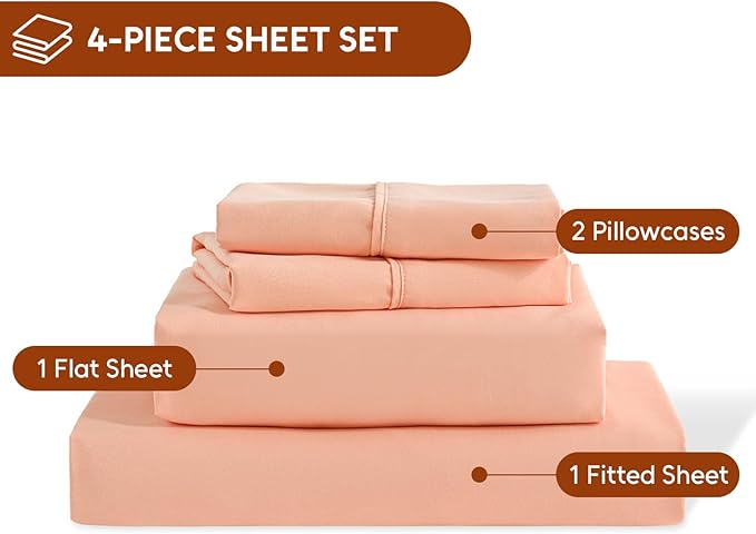 Full Size Bed Sheets Set, 4 Pieces Hotel Luxury Soft Microfiber Bed Sheets Set, Up to 16" Deep Pockets, Oeko-Tex Sheets with Elastic, Breathable, Wrinkle Free (Peach Pink Flower, Full)