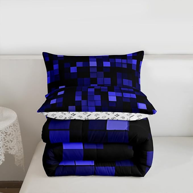 Pixelated Miners Game Kids Bedding Set King Size,Video Games Cartoon Gamepad Comforter Set，Modern Geometric Check Quilt Comforter,Dark Blue Bedroom Duvet Insert,2 Pillowcases