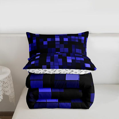 Pixelated Miners Game Kids Bedding Set King Size,Video Games Cartoon Gamepad Comforter Set，Modern Geometric Check Quilt Comforter,Dark Blue Bedroom Duvet Insert,2 Pillowcases