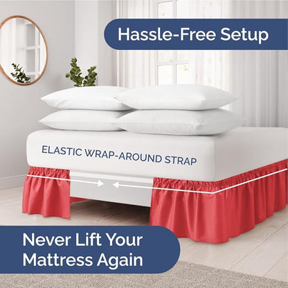 Wrap Around Dust Ruffle Bed Skirt - Red - for Full Size Beds with 12 Inch Drop - Easy Fit Elastic Strap - Adjustable Pleated Bedskirt w/Brushed Fabric - Wrinkle Free - for Women, Men, Kids & Teens
