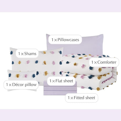 Geniospin Colored Twin Comforter Set for Girls- 6 Pieces Pom Tufted Bed in A Bag Twin Bedding Sets with Sheets, Pillowcases & Shams, All Season Kids Comforter Set
