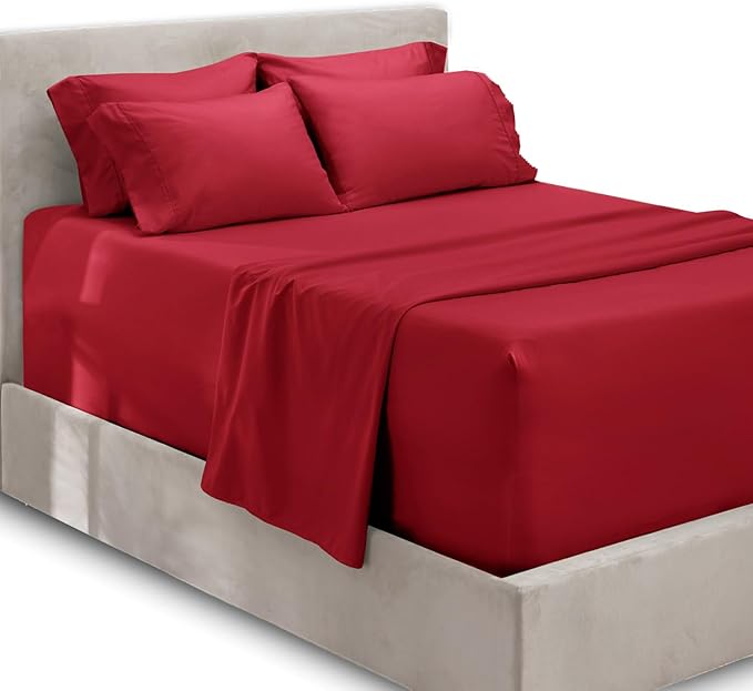 Hearth & Harbor Extra Deep Pocket Queen Sheets Sets - Fits Mattress 18-24 Inches Deep - Extra Deep Pocket Sheets - 6 Piece Queen Size - Burgundy