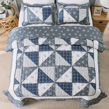 Oversized King Size Quilt Set 128x120 Grey Floral Patchwork Bedspreads Set