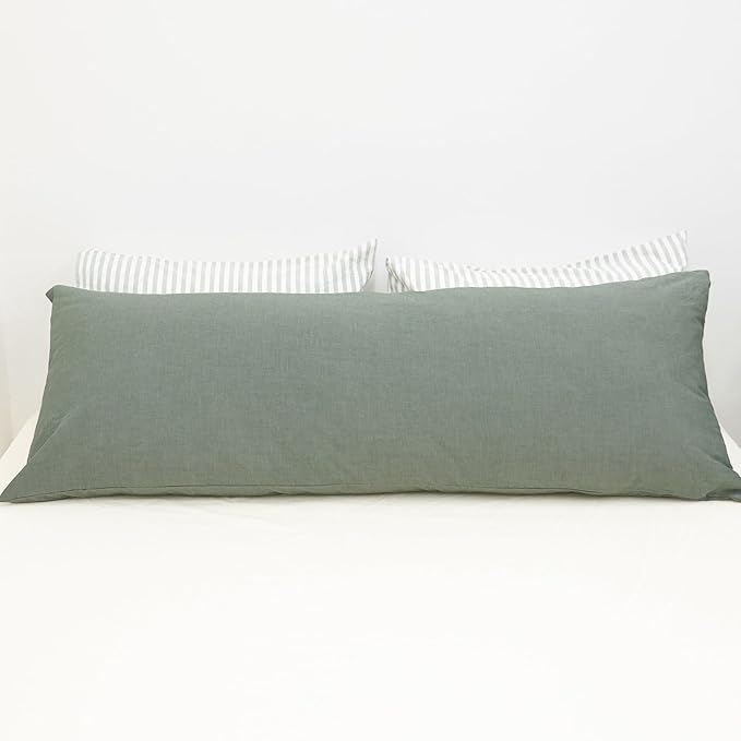 MooMee Body Pillow Cover Pillowcase with Zipper 100% Washed Cotton Linen Like Textured Breathable Durable Soft Comfy (Heathered Green, 21”x54”, 1PC)