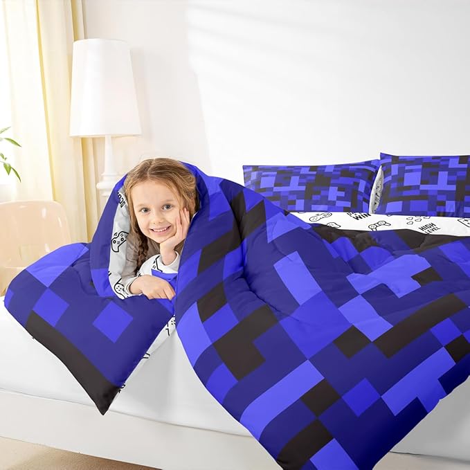 Pixelated Blocks Kid Comforter Set Queen Size,Army Camouflage Miners Game Bedding Set,Boy Room Decor,Geometric Grid Patchwork Quilt Comforter,Black Dark Blue Duvet Set Bedroom Quilt Set,2 Pillowcases
