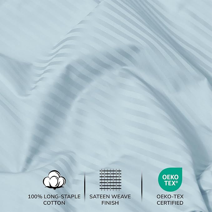 Feather & Stitch 500 TC Full Size Damask Bed Sheet Set, 100% Cotton Soft Breathable Bedsheets, 4 Piece 18" Deep Pockets Sateen Weave Striped Bedding Mattress Resort Hotel Luxury- (Aqua Stripe)