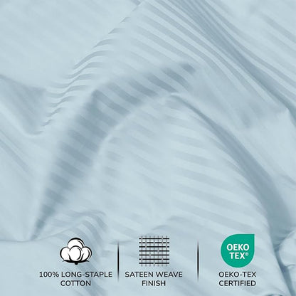 Feather & Stitch 500 TC Split King Size Sheet Set, 5 Piece Bed Sheets Set-2 Twin Fitted Sheet, 1 King Flat Sheet & 2 King Pillowcases, 18" Deep Pockets Sateen Weave Striped Bedsheet - (Aqua Stripe)