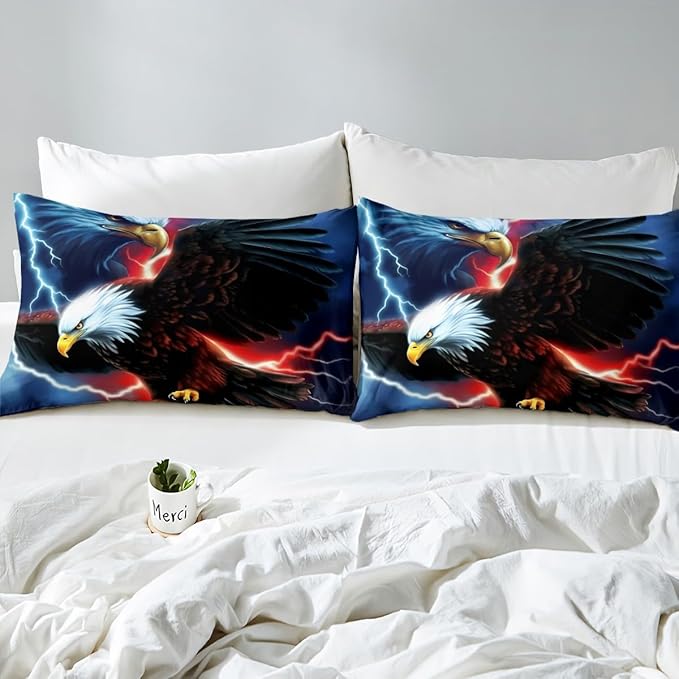 American Flag Eagle Comforter Set King Size,Lightning Night Bedding Set 3pcs,Kids Girls Boys Adult Room Decor,Wild Animals Theme Duvet Insert Vintage Cool Quilted Duvet Set with 2 Pillowcases