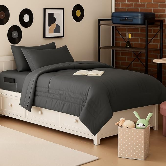 Twin Size Comforter Set Quilted Stripe Bedding Bundle – Comforter, Mattress Protector, Sheets with Pockets on the Side & Built-in Corner Strap – Fitted Sheet Media Pocket for Devices, Charcoal