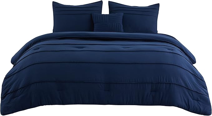 Bedsure Twin Comforter Set - 3 Pieces Pinch Pleat Bed Set, Navy Blue Boho Bedding for All Season, 1 Soft Comforter, 1 Pillowcase, 1 Decorative Pillow