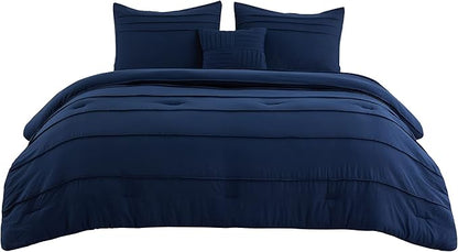 Bedsure Full Comforter Set - 4 Pieces Pinch Pleat Bed Set, Navy Blue Boho Bedding for All Season, 1 Soft Comforter, 2 Pillowcases, 1 Decorative Pillow