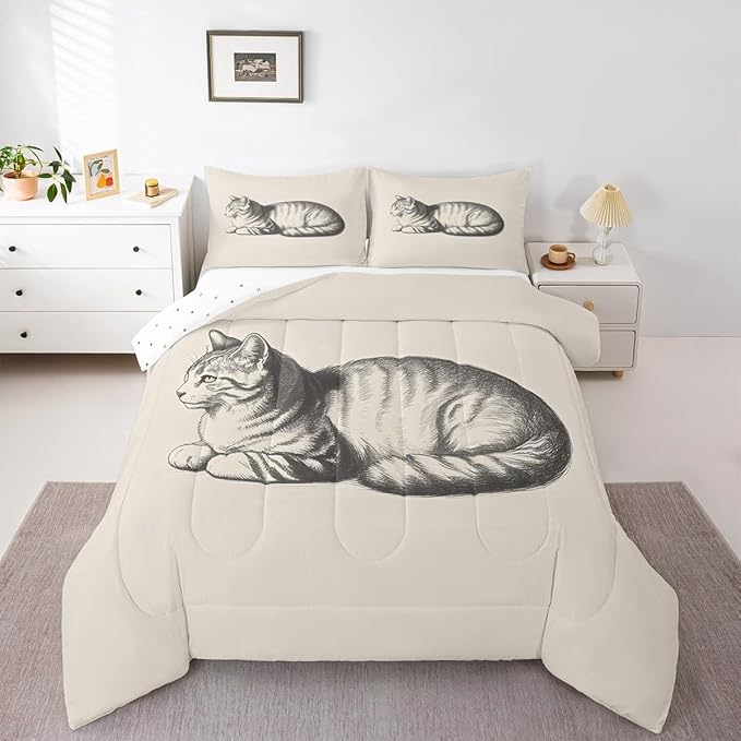 Erosebridal Cat Comforter Set Queen Size Kitten 3D Quilt Insert for Kids Boys Girls Kawaii Sketch Animal Cute Beige White Comforter Warm Soft Bedding Set