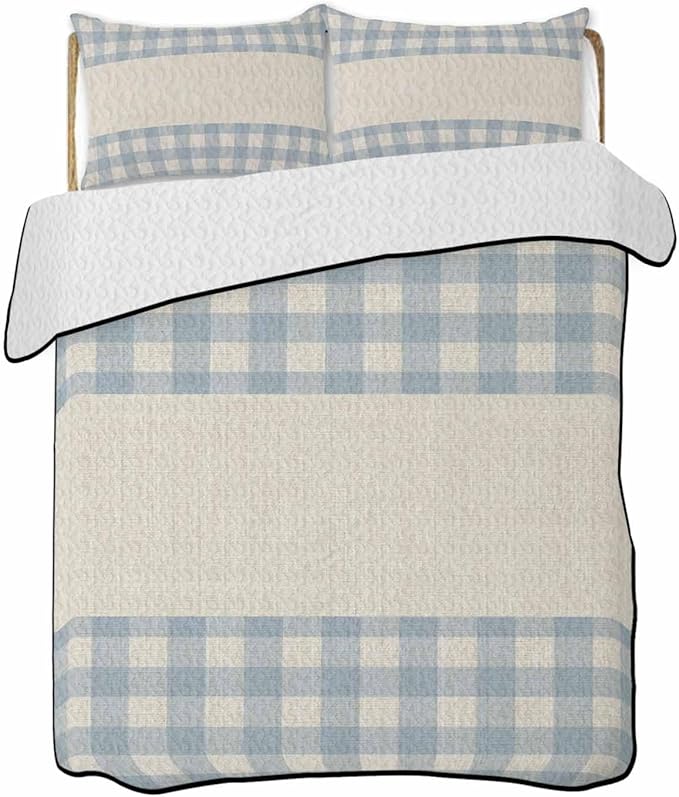 Quilts Twin Size, Retro Blue Soft Comforter Bedding Set for Bed, Farmhouse Buffalo Plaid Vintage Beige Lightweight Quilted Bedspread with Pillow Cover(2 Pieces) for All Season, 68x86 Inch