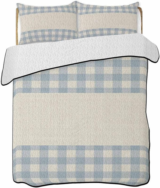 Quilts Twin XL Size, Retro Blue Soft Comforter Bedding Set for Bed, Farmhouse Buffalo Plaid Vintage Beige Lightweight Quilted Bedspread with Pillow Cover(2 Pieces) for All Season, 68x98 Inch