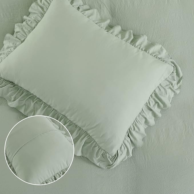 Ruffle Duvet Cover Queen Size, 3PCS Soft Washed Microfiber Vintage French Country Duvet Cover Set for Queen Bed, Sage Green, 90x90 in