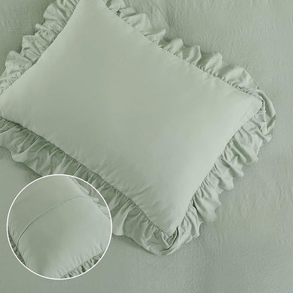 Ruffle Duvet Cover King Size, 3PCS Soft Washed Microfiber Vintage French Country Duvet Cover Set with Button Closure, Sage Green, 104x90 in