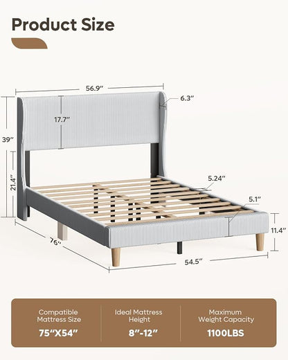 Bestier Full Bed Frame with Wingback Headboard,Upholstered,Light Grey | Vertical Channel Corduroy Upholstered,Easy Assembly,Wingback Headboard,No Squeaks,Wooden Slats Support,No Box Spring Needed
