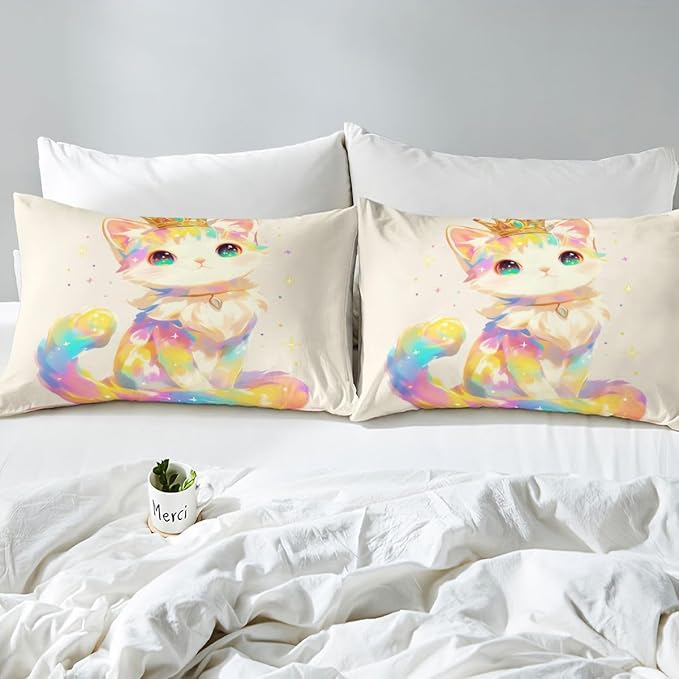 3D Anime Cat Bedding Set for Animal Lovers Cartoon Lovely Cat Fitted Sheet Twin, Kawaii Colorful Pet Bed Sheets for Girls Boys Kids Cartoon Gifts Decor for Bedroom, 1 Fitted Sheet 1 Pillowcase