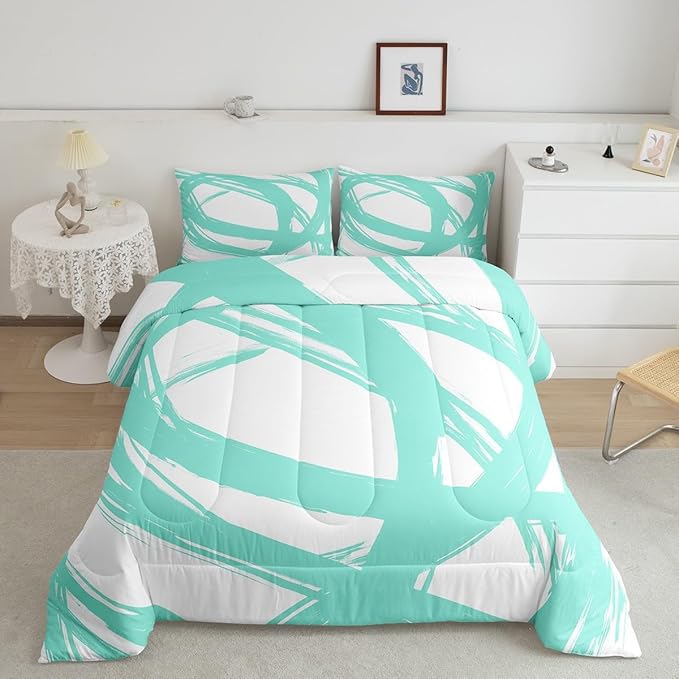 Turquoise and White Abstarct Comforter Set Twin Size for Kids Boys Girs,Graffiti Stripes Lines Bedding Set,Aesthetic Geometric Duvet Insert for Minimalists,Contemporary Boho Modern Art Quilt