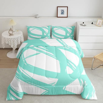 Turquoise and White Abstarct Comforter Set Twin Size for Kids Boys Girs,Graffiti Stripes Lines Bedding Set,Aesthetic Geometric Duvet Insert for Minimalists,Contemporary Boho Modern Art Quilt