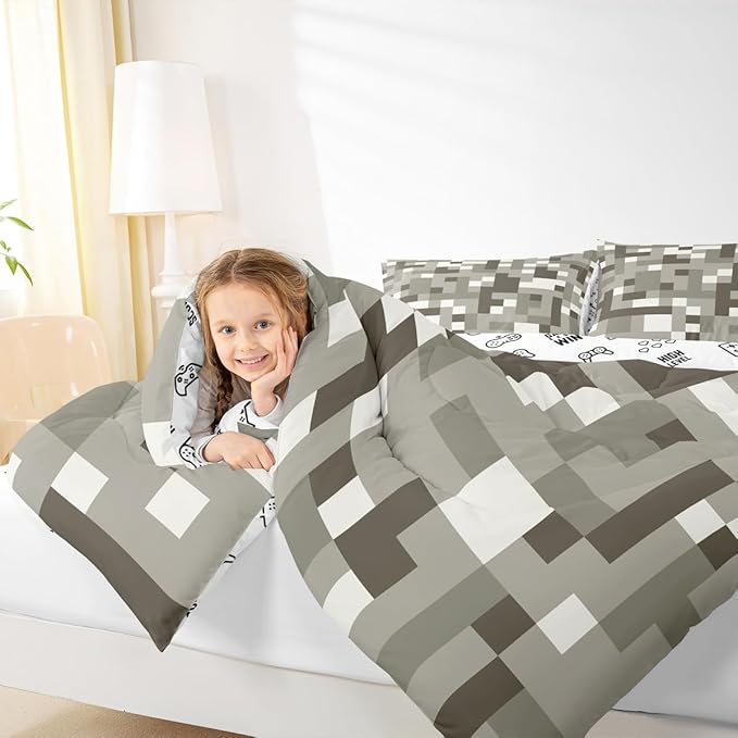 Miners Pixel CheckedComforter Set King Size,Cartoon Gamepad Video Games Kids Bedding Set,Geometric Grid Patchwork Quilt Comforter,Gray White Duvet Insert,2 Pillowcases