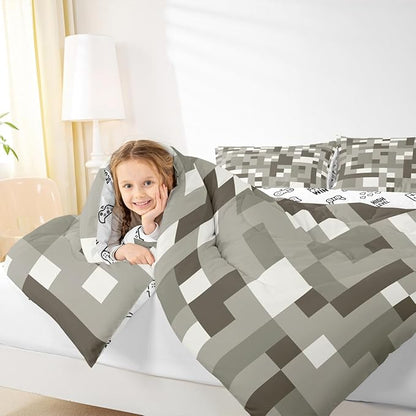 Miners Pixel CheckedComforter Set King Size,Cartoon Gamepad Video Games Kids Bedding Set,Geometric Grid Patchwork Quilt Comforter,Gray White Duvet Insert,2 Pillowcases