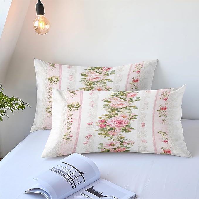 3Pcs Full Size Romantic Roses Comforter Set for Women, Vintage Spring Floral Plant Bedding Sets for Women Room Decor, 1 Pink Rose Comforter 79"x 90" and 2 Pillowcases All Season