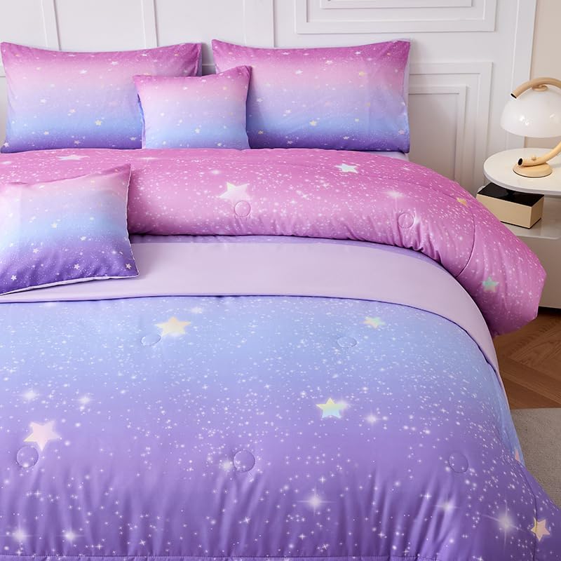 7PCS Purple and Pink Comforter Sets Full Girls Galaxy Comforter Full,Girls Bedding,Bed in a Bag with Flat Sheet and Fitted Sheet,Pillowcases,Cushions for Girl,Purple Bedding Sets