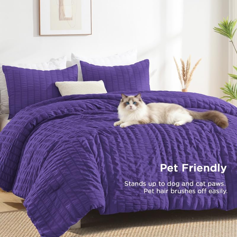 AveLom Dark Purple Seersucker King Comforter Set (104x90 inches), 3 Pieces-100% Soft Washed Microfiber Lightweight Comforter with 2 Pillowcases, All Season Down Alternative Comforter Set for Bedding