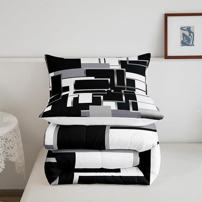 Erosebridal Geometric Comforter Sets Twin Black and White Bedding Set for Kids Teens Youth,Modern Ombre Quilt Set Soft,Mid Century Square Duvet Insert with 1 Pillow Sham Lightweight Warm