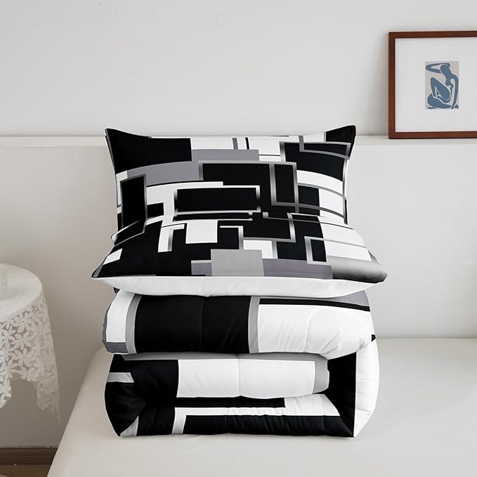 Erosebridal Geometric Comforter Sets Queen Black and White Bedding Set for Kids Teens Youth,Modern Ombre Quilt Set Soft,Mid Century Square Duvet Insert with 2 Pillow Shams Lightweight Warm