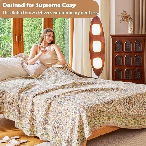 VANJOROY King Boho Throw Blanket, 100% Organic Cotton Breathable Skin-Friendly Ultra Soft 91" x 98" Bed Quilt Throw - Floral Rustic Decor Luxury Reversible Blanket for Sofa Couch Chair and Gift