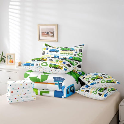 Castle Fairy Garbage Truck Full Size Comforter Set Cartoon Car Vehicle Trash Can Bedding Sets Recycling Trucks Decor All Season Comforter,Flat Sheet,Fitted Sheet,2 Pillowcases,2 Pillow Covers,7 Pcs