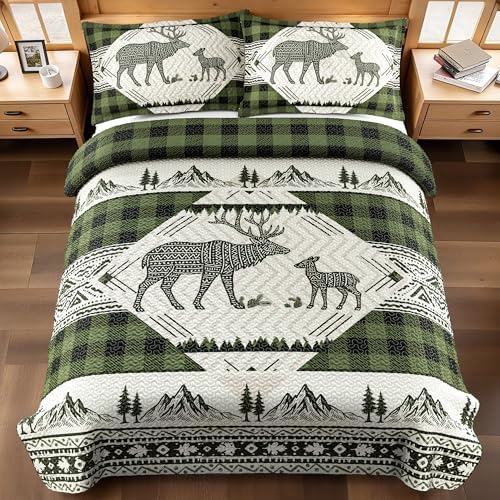 3 Piece Cabin King Size Quilt Sets Farmhouse Rustic Reversible Microfiber Soft Lightweight Bedspread Comforter with 2 Shams Patchwork Country Lodge Bedding Quilts Set for All Season, 106''x96'', Green