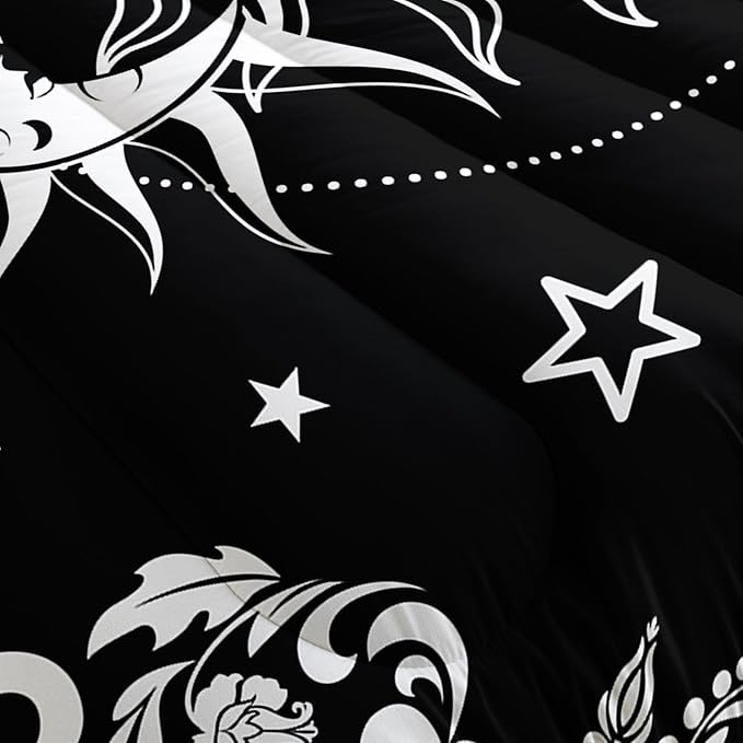 Boho Queen Comforter Set for Girls - Bohemian Gothic Western Hippie Bedding Decor - Black and White Sun and Moon Design