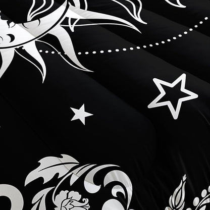 Boho Queen Comforter Set for Girls - Bohemian Gothic Western Hippie Bedding Decor - Black and White Sun and Moon Design