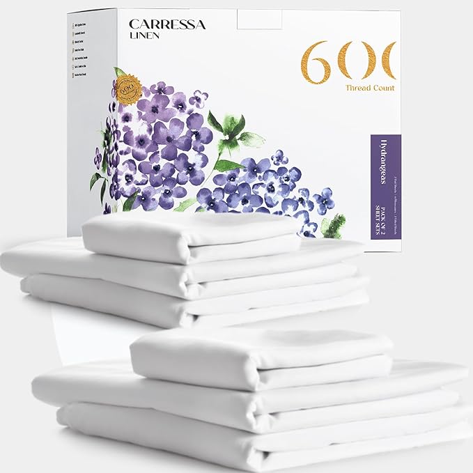 Carressa Linen California King Egyptian Cotton Sheet Sets - 600 Thread Count Cal King Cotton Sheet Set (8 PC, Crisp White), Extra Soft, Cooling, 16" Deep Pocket Sateen Weave Luxury Hotel Bed Sheets