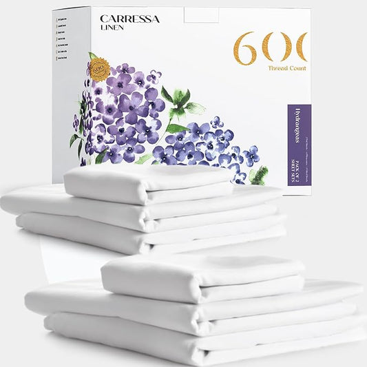 Carressa Linen California King Egyptian Cotton Sheet Sets - 600 Thread Count Cal King Cotton Sheet Set (8 PC, Crisp White), Extra Soft, Cooling, 16" Deep Pocket Sateen Weave Luxury Hotel Bed Sheets