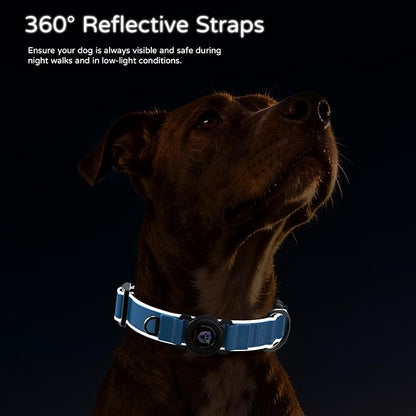 Airtag Dog Collar, Dog Collar with airtag Holder, IP68 Waterproof Leather Dog Collar with Metal Buckle & Lockable Airtag Holder, Heavy Duty Adjustable for Small Medium Large Dogs (Blue L)