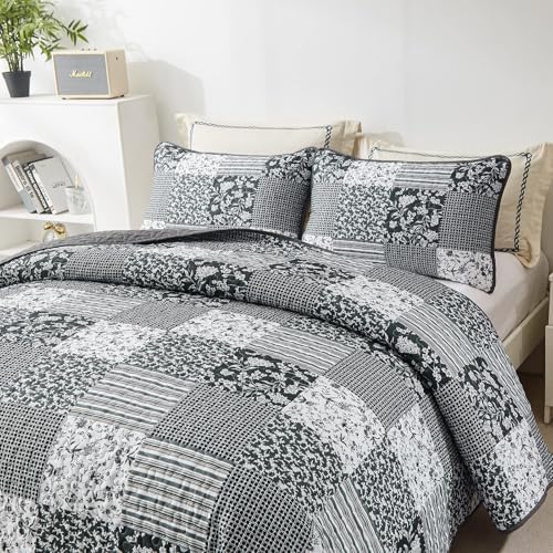 Mybedsoul Black Grey Boho Quilt Twin Size, Floral Bedspread Dorm Bedding