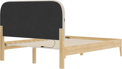 KISLOT Wood Bed Frame with USB & Type-C, Boucle Headboard, Oat, Queen | Platform Bed, Mattress Foundation, No Box Spring Needed, Easy Assembly