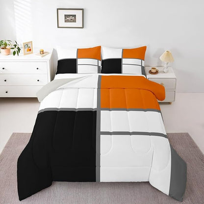 Erosebridal Geometric Abstract Twin Bedding Sets for Adult Women Men Blue and White Striped Comforter Set Square Grid Quilt Duvet Set Modern Art Patchwork Bedding Collections for Minimalist