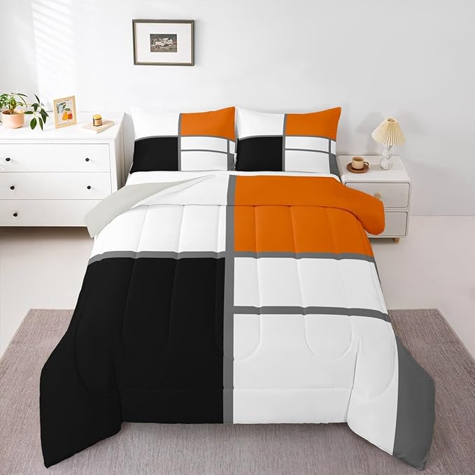 Erosebridal Geometric Abstract King Bedding Set Blue and White Striped Comforter Set for Adult Women Men Square Grid Bed Collections Modern Art Patchwork Duvet Quilt Sets for Minimalist