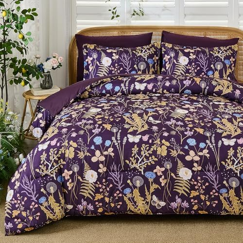 Purple Floral Comforter Set Queen Size, 7 Piece Botanical Comforter Bedding