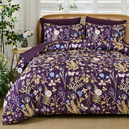 Purple Floral Comforter Set Queen Size, 7 Piece Botanical Comforter Bedding